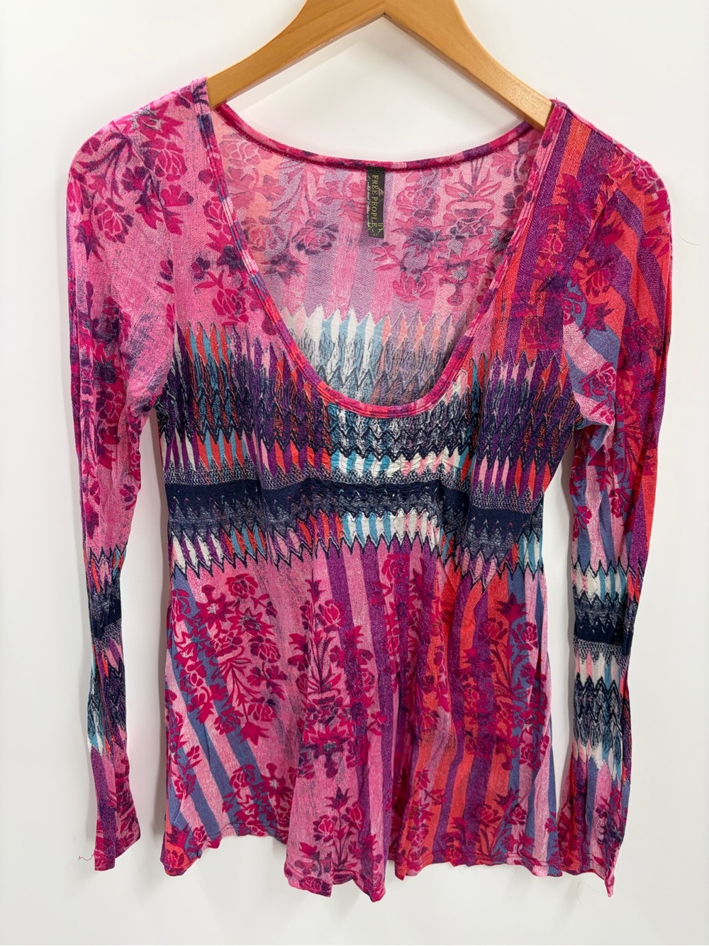 Free People Women Pink Mixed Floral Stripe Geometric Scoop Neck Modal Top Small